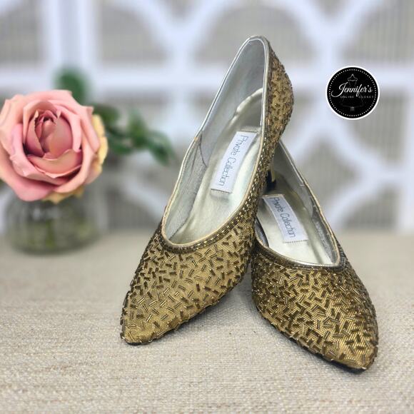 Dyeables Private Collection Vintage Gold Zazzle Mesh Beaded Pumps/Heels Size 7B - Picture 1 of 15